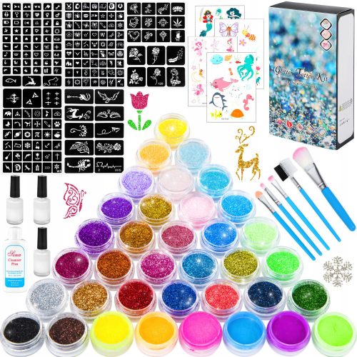  GLITTER TATTOOS FOR KIDS LARGE SET 36 glitter sequins 187 stencils