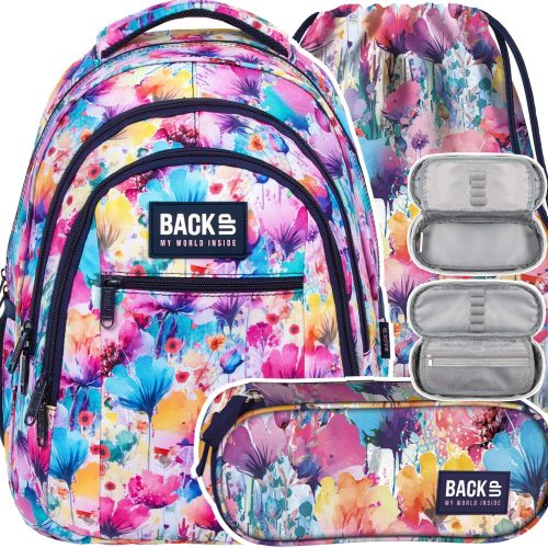  YOUTH SCHOOL BACKPACK, PENCIL BACK WITH EQUIPMENT, FLOWERS, BACK POCKET