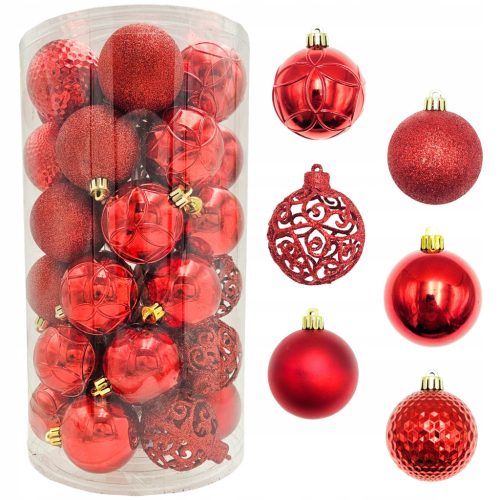  CHRISTMAS BALL SET RED DECORATED 6 MIXED PATTERNS 36 pieces 6 cm