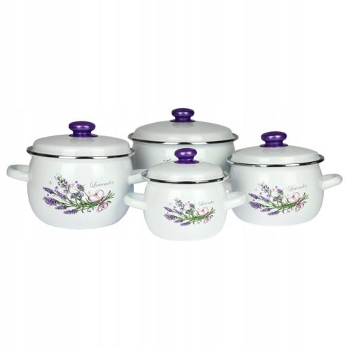  Set of Silesia Emalia Lawenda pots, enamelled, 8 pcs.