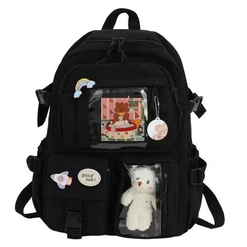 Black School Backpack for Girls with Teddy Bear Keychain and Accessories