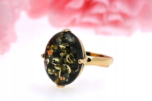  Ring, Green BALTIC AMBER, Gold-plated Silver 925