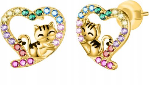  GOLDEN CAT HEART EARRINGS FOR GIRL SILVER 925 STUD STUDS