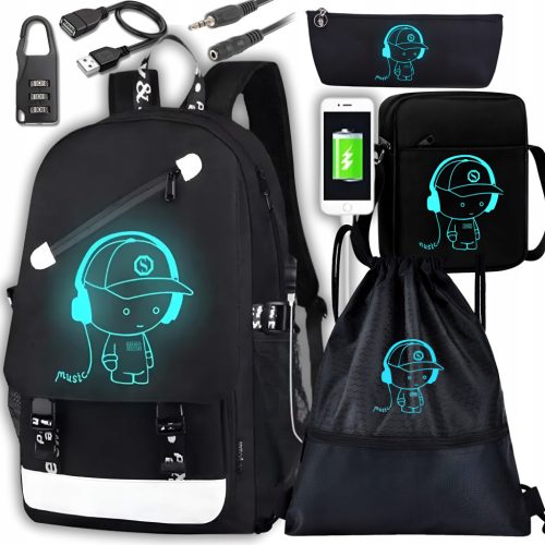 Multi-compartment Reflective School Backpack with Fluorescent Features and USB Port - 7-in-1 Set