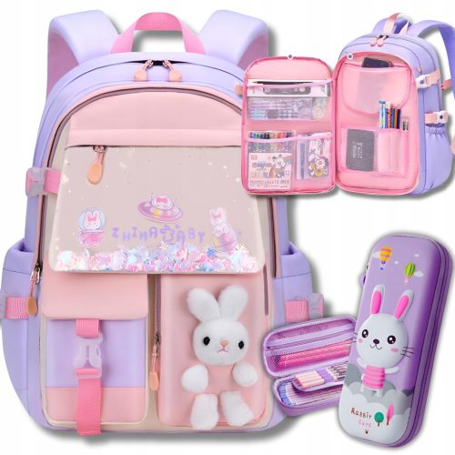 Multicompartmental School Backpack with 180° Opening and 3D Bunny Pencil Case for Girls Grades 1-3