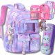  2× Bergens school backpack with multiple compartments. Purple tones