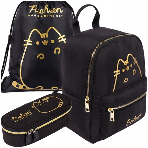  Pusheen St. School backpack with one compartment. Majewski black, yellow and gold tones 8 l + 2 other products