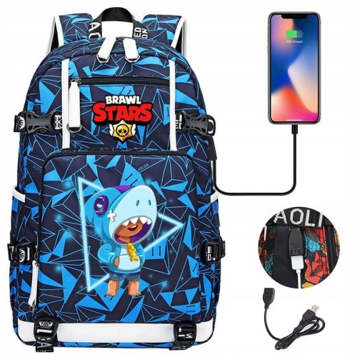  Brawl Stars Shark Leon Backpack with USB Charging, Waterproof, Large Capacity