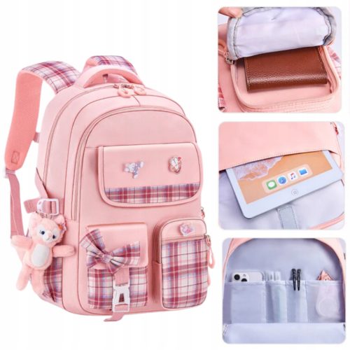 Chic Black School Backpack for Girls Grades 4-6 with Plush Teddy Charm