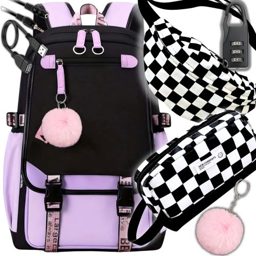 Multi-Compartment Youth School Backpack Set with Pencil Case and Waist Bag - USB & Lock Features