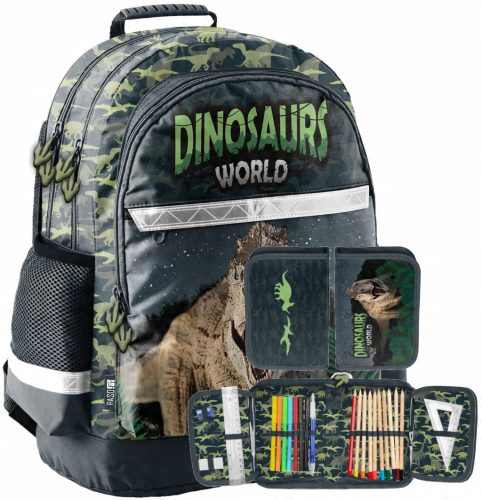 Green Dinosaur Themed School Backpack Set for Boys, Grades 1-4 with Accessories
