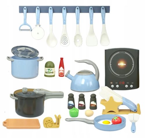  Large children's kitchen set, pots, dishes, induction hob, 31 pieces, W035