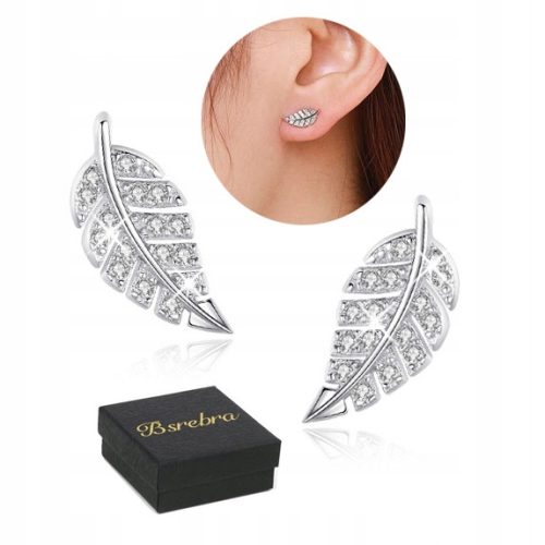  EARRINGS Silver 925 Feather with Cubic Zirconia SILVER Studs SCREW