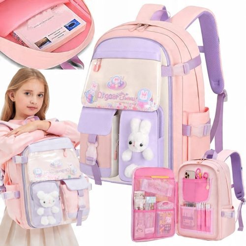 Charming Pink School Backpack for Girls with Bunny Design and Large Capacity