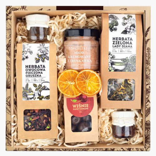  GIFT BASKET with print, set of sweets, tea, jam, HONEY