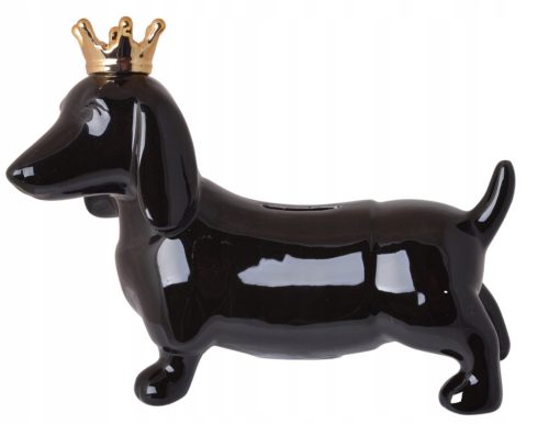  MONEY BANK DOG DACHSHUND BLACK WITH GOLDEN CROWN NICE ELEGANT GIFT