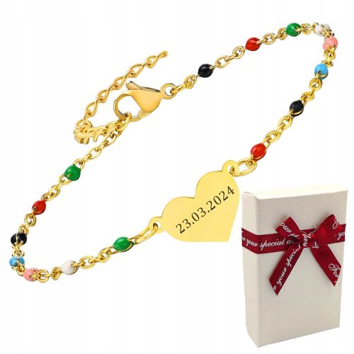  Gold Bracelet with Date, ENGRAVING Heart Colored Beads