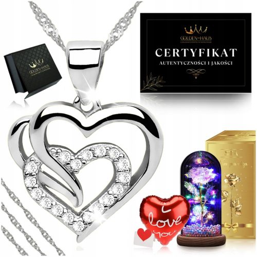  SILVER HEART NECKLACE CHAIN WITH PENDANT SILVER 925 + ETERNAL ROSE LED