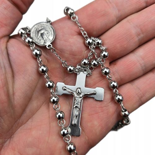  Silver Rosary Necklace with Cross Steel Men's Chain