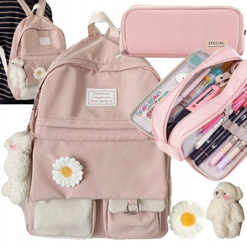 Fashionable Large A4 School Backpack for Girls with Stylish Bear Charm and Pencil Case Included