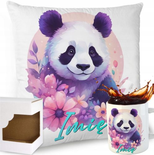  SET PILLOW MUG SWEET PANDA BEAR COLORFUL FEATHERS FLOWERS GIFT NAME