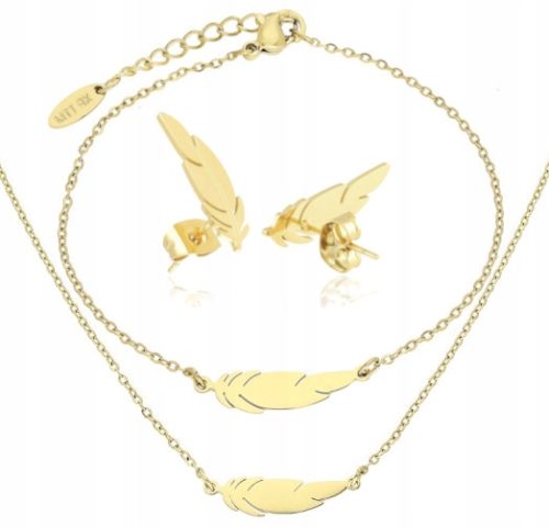  3-PART GOLD PLATED JEWELRY SET FEATHERS SURGICAL STEEL 316 L