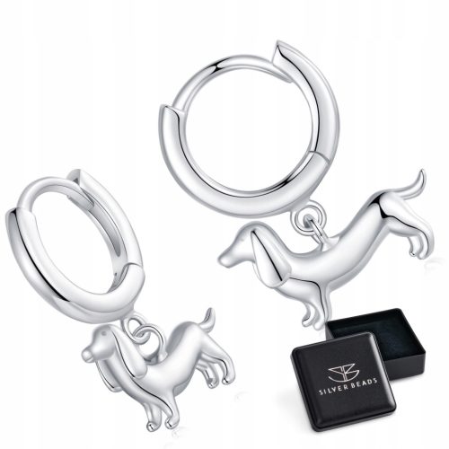  K716 Silver earrings with hanging dachshunds, hoops, clasps, silver 925