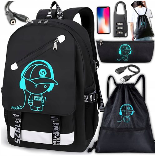 Glow-in-the-Dark School Backpack Set with Lock and USB Charging