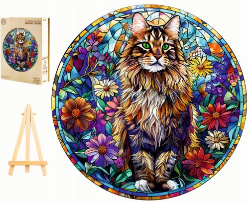  LARGE WOODEN PUZZLE 300 PIECES MAINE COON STAINED GLASS IN A WOODEN BOX