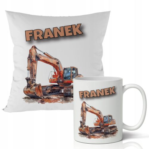  GIFT FOR A BOY - MUG + PILLOW - CONSTRUCTION MACHINERY EXCAVATOR