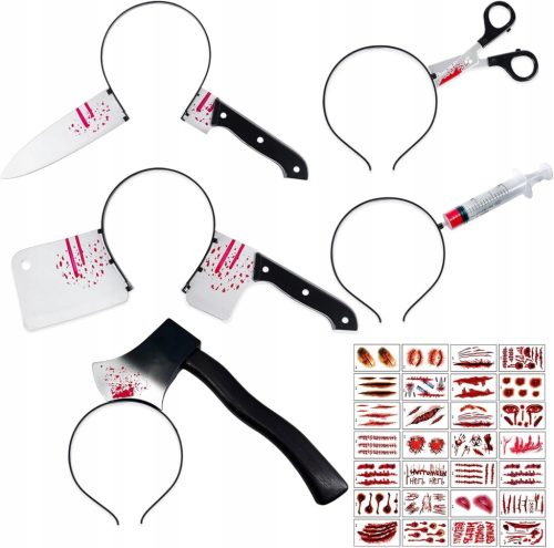  HEADBAND SET, SCISSORS, KNIFE, SYRINGE REMOVER + HALLOWEEN TATTOOS