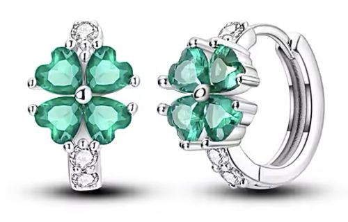  Earrings Silver hoops with green four-leaf clover