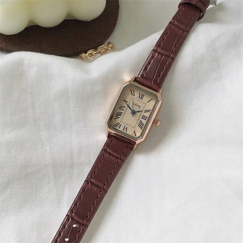  WOMEN'S QUARTZ WATCH vintage retro - brown strap, gold dial