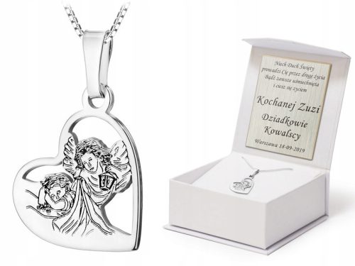  SILVER SET pr. 925 Chain 40cm and Guardian Angel Heart Medal + ENGRAVING