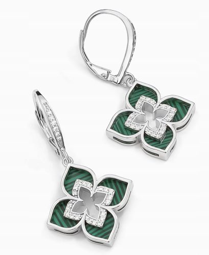  Silver earrings, hanging, large four-petal flower 2, dark green