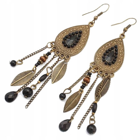  Earrings Ethnic Fringe Leaves Indian Boho Black Stones Vintage 98m