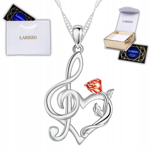  Silver Necklace Treble Clef Heart with Rose Note Music Notes SILVER 925