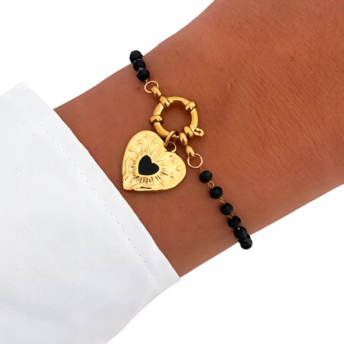  Bracelet with beads, black color, heart pendant, gift