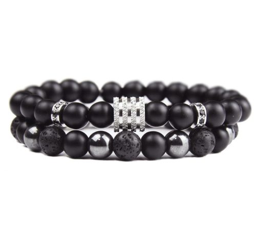  MEN'S BRACELET SET 2IN1 STONE ONYX HEMATITE LAVA STEEL 316L