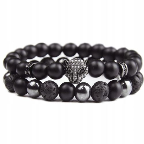  MEN'S PANTHER BRACELET SET 2IN1 STONE ONYX HEMATITE LAVA STEEL 316L