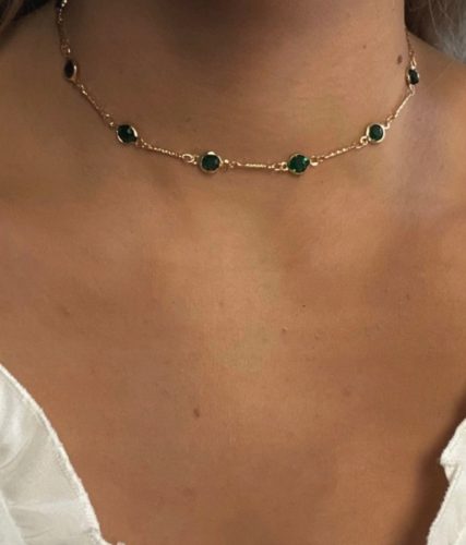  Gold necklace pendant chain green stones