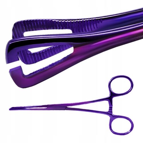  Purple piercing forceps with small, triangular, open tip