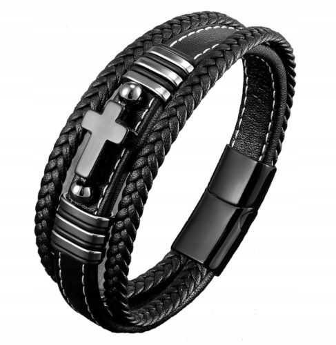  BLACK LEATHER MEN'S BRACELET CROSS STAINLESS STEEL 316L