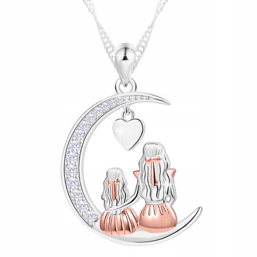  Necklace Mother and Child Crescent Moon Mother and Daughter with Cubic Zirconia SILVER 925