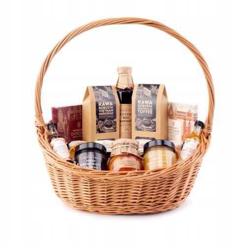  Wicker basket COFFEE x2 Creamed HONEY x2 CHOCOLATE x2 Mini confection x5 SYRUP x3