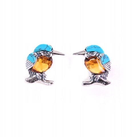  SILVER KINGFISH BIRD EARRINGS WITH AMBER AND TURQUOISE