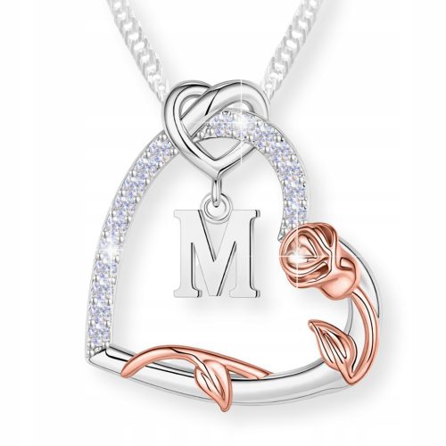  Necklace Silver 925 Heart with Letter Zircons Flower of Life Rose Letter M