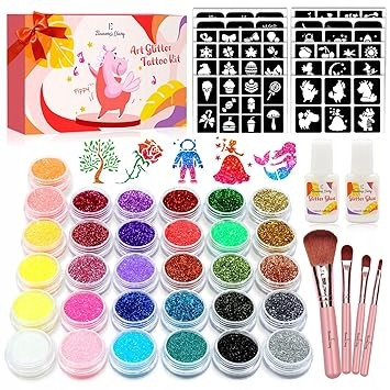  Glitter Tattoo Kit for Girls, 31 Colors, Temporary Tattoo