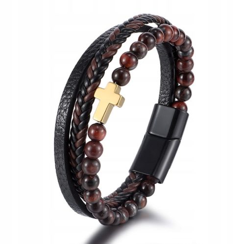  Leather bracelet with cross beads tiger eye red stone