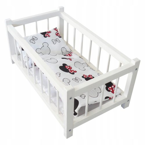  WOODEN DOLL BED FROM THE MANUFACTURER, WHITE + MICKEY MOUSE BEDDING